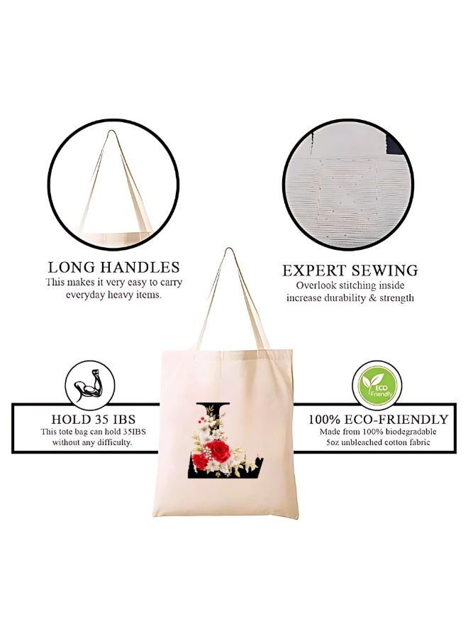 PRINTSHOP4ME Floral Initial Tote Bag A To Z – Cotton Canvas Reusable Tote With Alphabet Print For Grocery, Market And Daily Use - Image 3